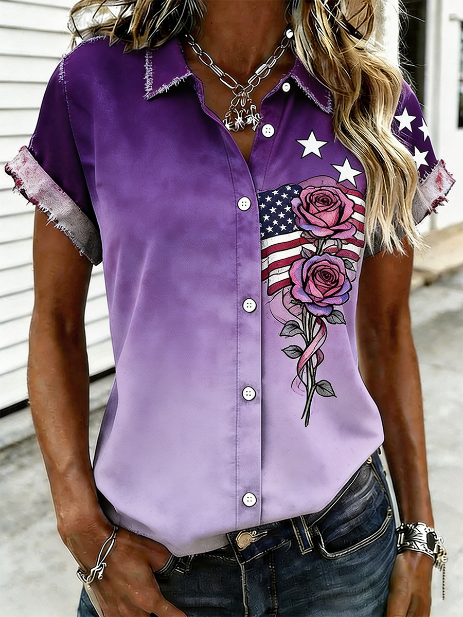 Women's Patriotic Vintage Gradient Rose & American Flag Frayed Denim Shirt