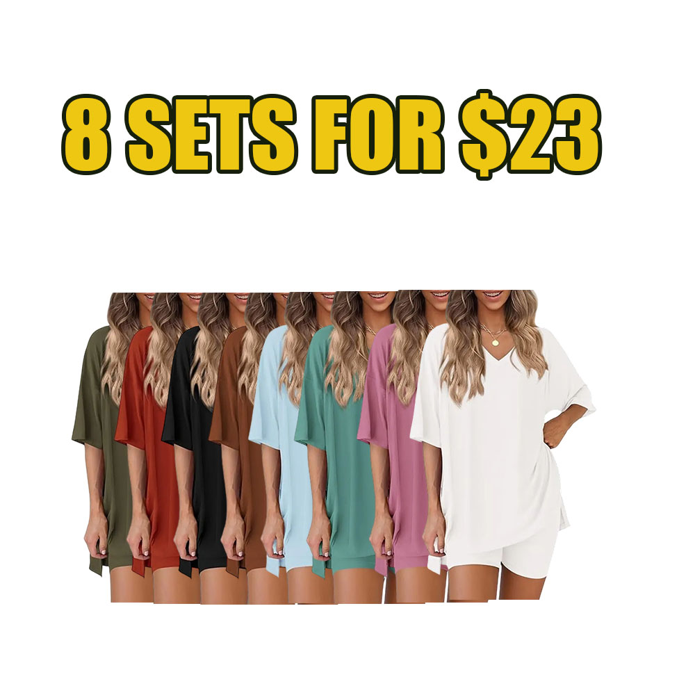 ☀️ Women’s Summer Lounge 2-Piece Set – Oversized V-Neck Top & Biker Shorts Outfit