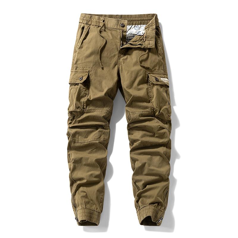 Versatile trendy functional cargo pants for men — drawstring cuffs, multiple pockets, retro outdoor casual style