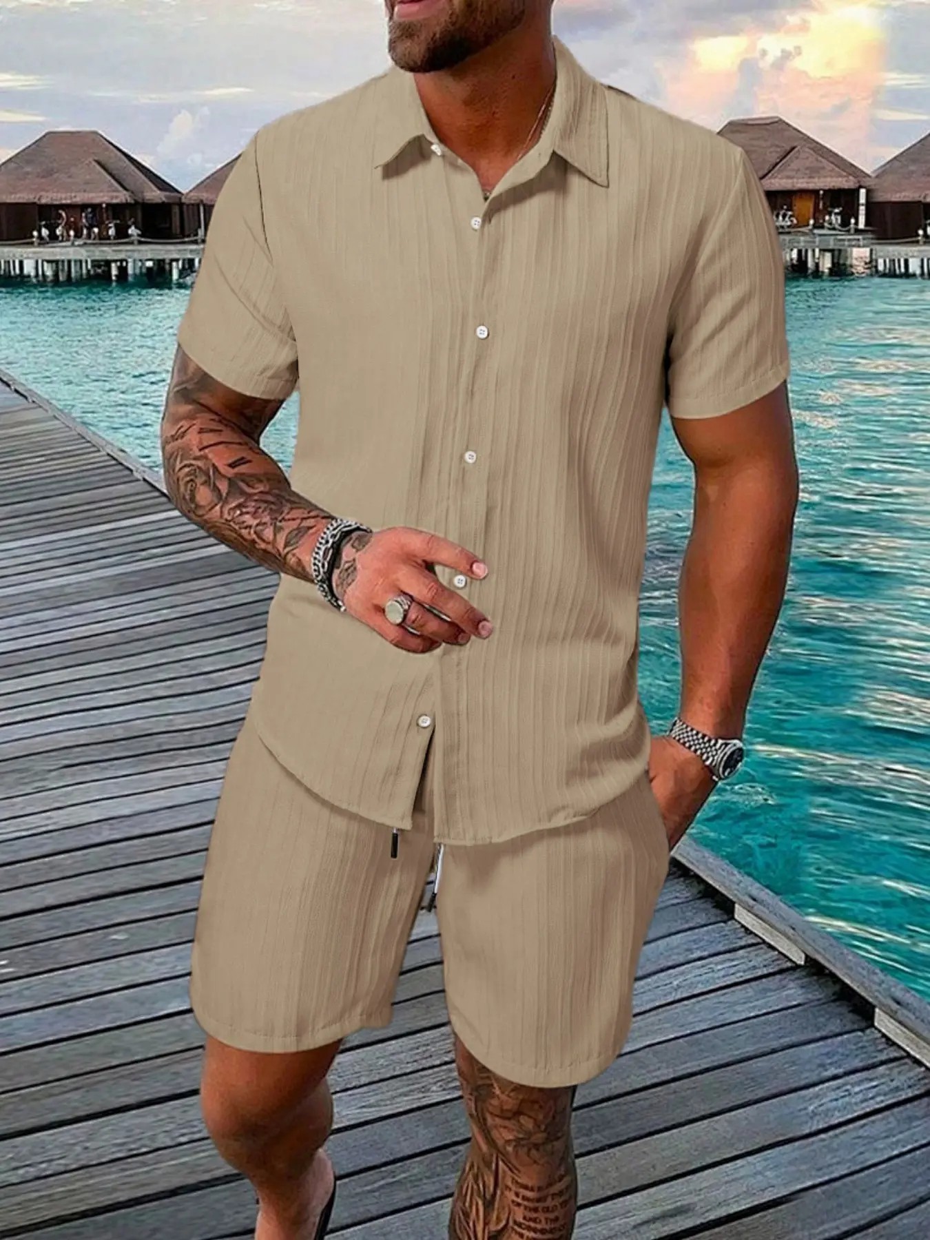 7-Pack Men's Summer Casual Set – Textured Shirt & Shorts | 7 Sets Only $23.99