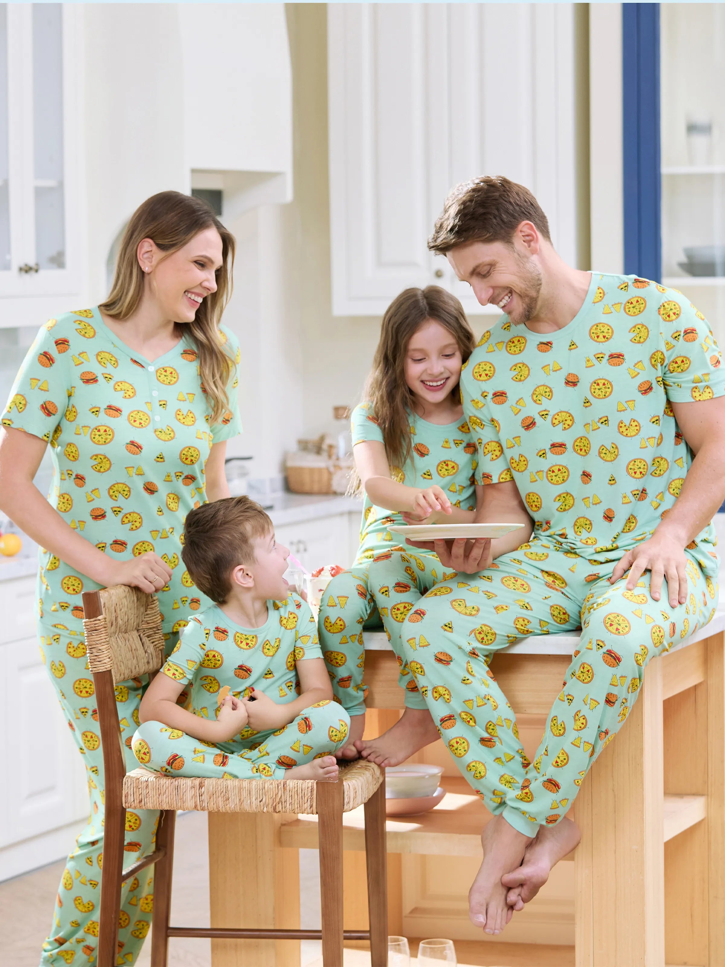 Bamboo Family Mint Green PJs Cute Cartoon Food Theme Print Short Sleeve & Long Pants Sleepwear Matching Pajama set (Snug-Fitting for Children) Light Blue