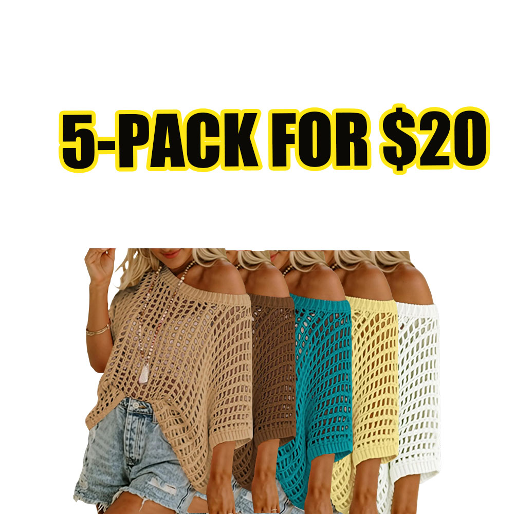 Summer Breeze Crochet Knit Top – Scoop Neck Hollow Out Short Sleeve Beach Pullover
