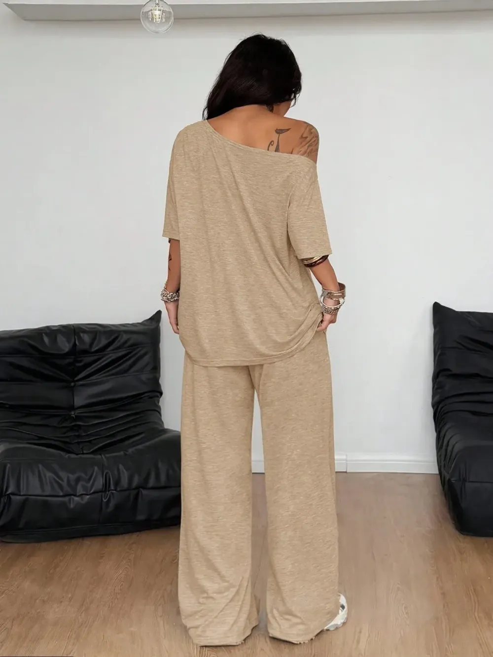 Women's Casual Solid Color Sport Two-Piece Set, Loose Long Pants & Wide Leg Slant Neck Pant Suit