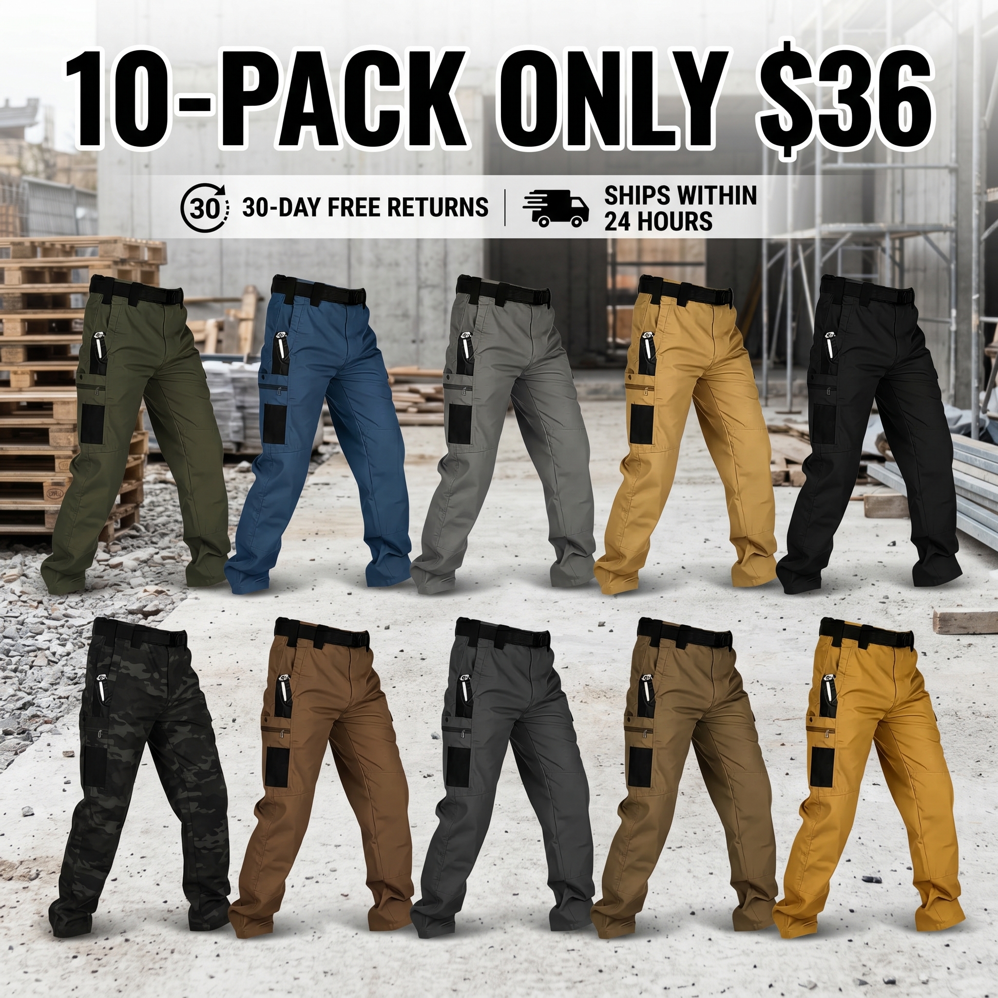 Men's Solid-Color Tactical Cargo Pants—Crafted from a new 230g/m² fabric, featuring multiple pockets and zipper closures.