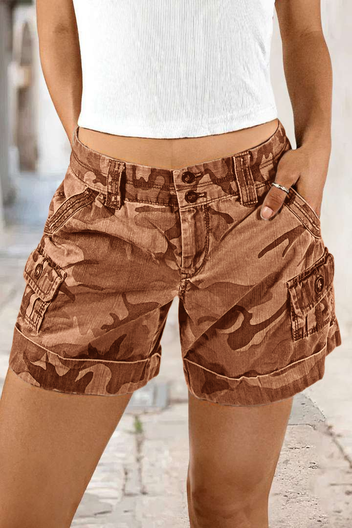 Mother's Day Sale💕Camo Print Roll Hem Flap Pocket Mid Rise Shorts