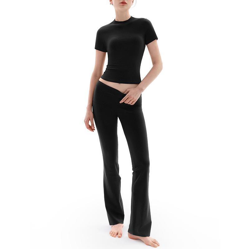 Women's Minimalist Short Sleeve & Fold-Over Flare Pants Lounge Set