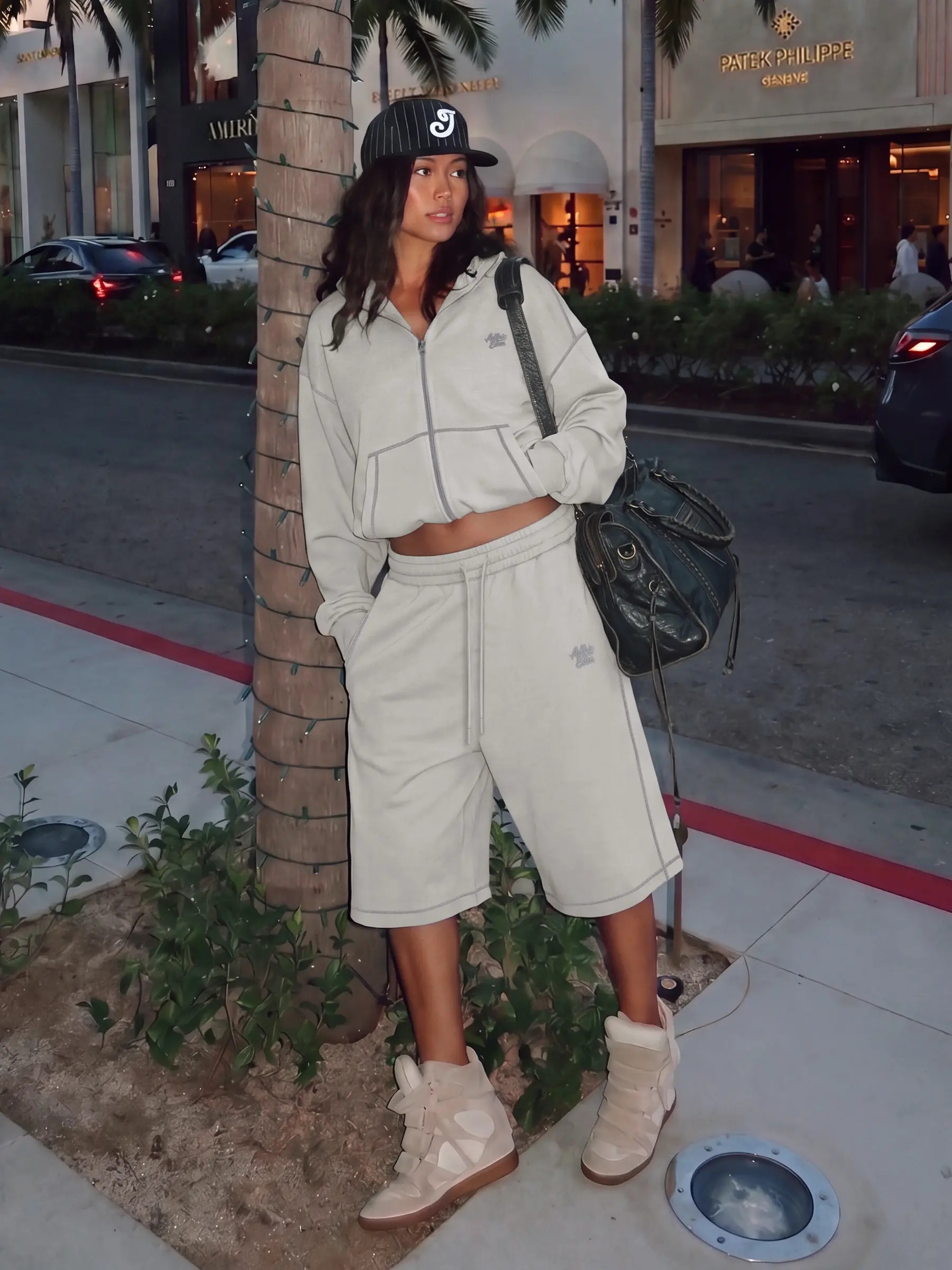 Cloud Boxy Sweat Set Contrast Stitch Zip-Up Jacket & Shorts Oversized Unisex