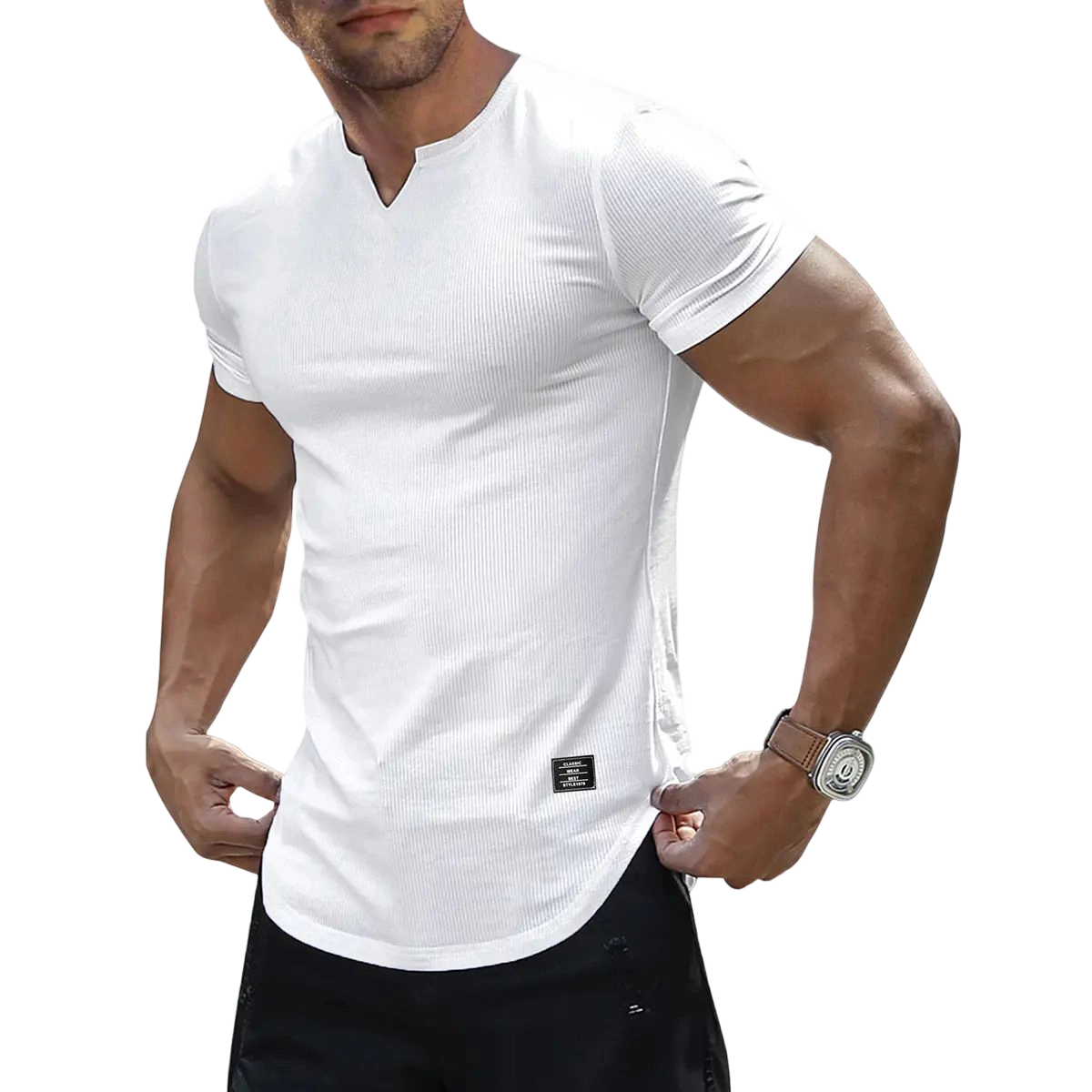 🔥Men's Plain Muscle Slim Fitted T Shirt Polyester V-Neck Longline Shirt