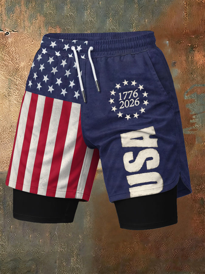Men'S Independence Day Founding Celebration Printed Pattern Slim Fit Double Layer Sports Elastic Belt Quick Drying Breathable Shorts