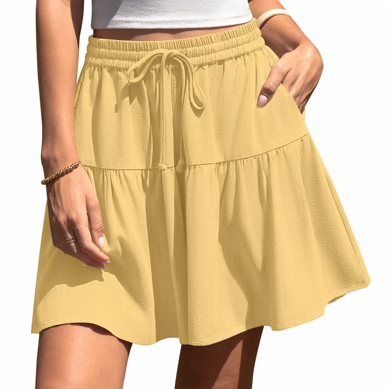 Women’s Linen-Blend Wide Leg Drawstring Summer Shorts