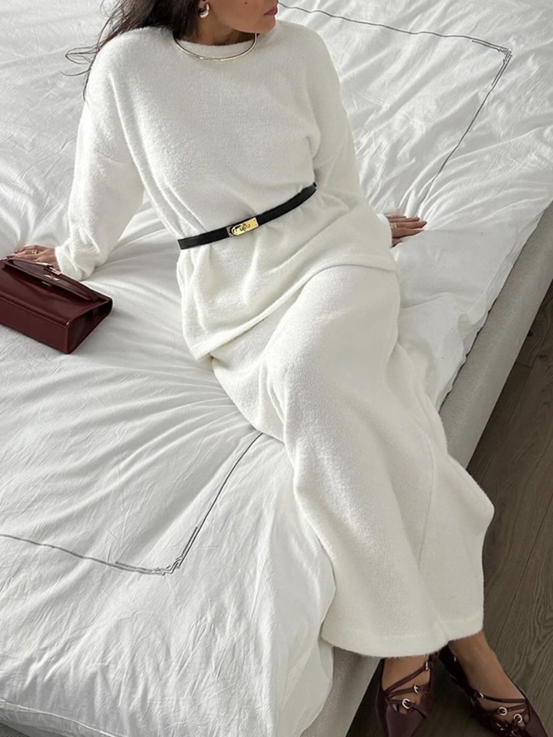 Round Neck Dropped Shoulder Top And Midi Skirt Sweater Set