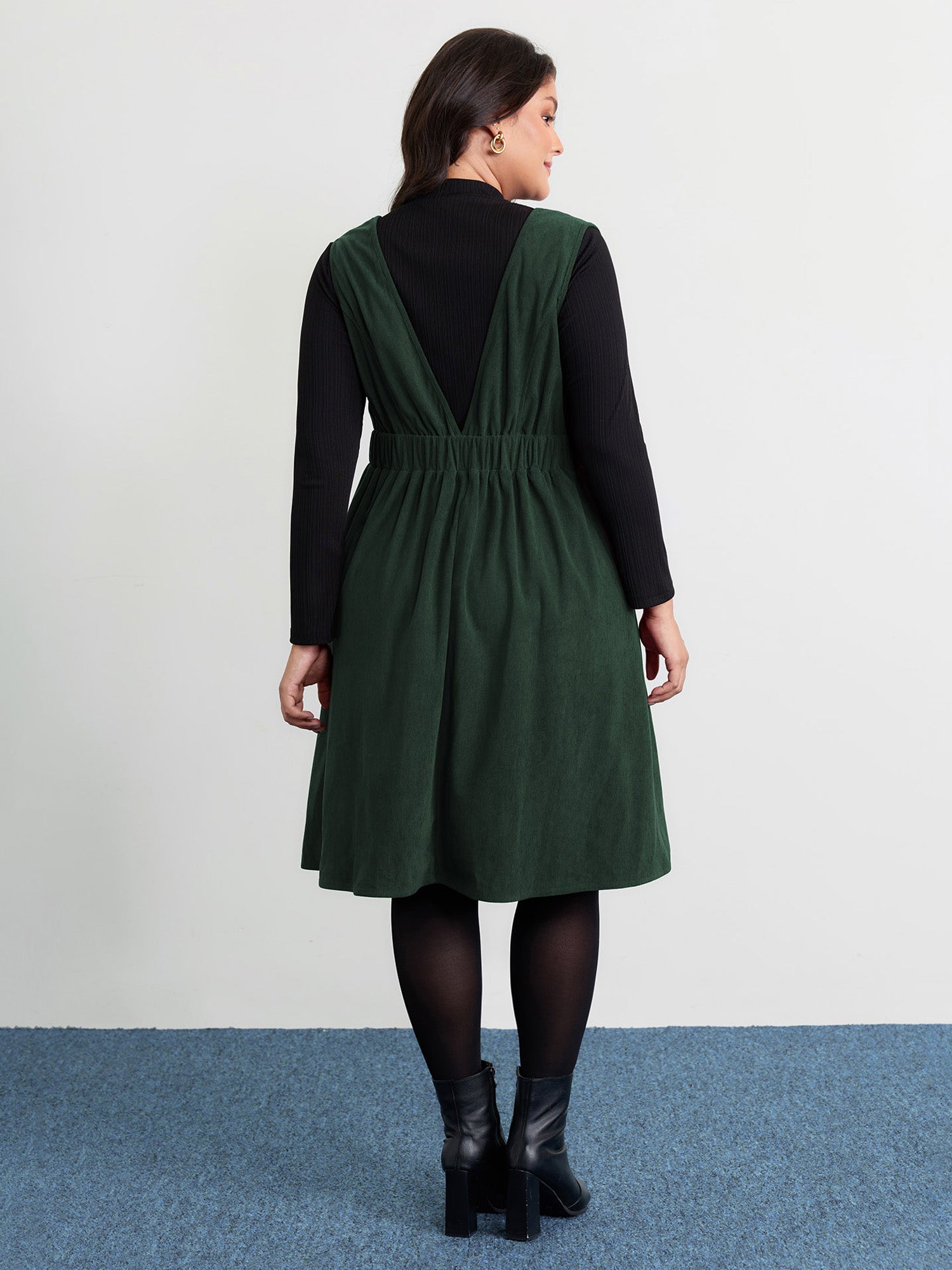 Corduroy Stretchy Waist V-Neck Mini Dress