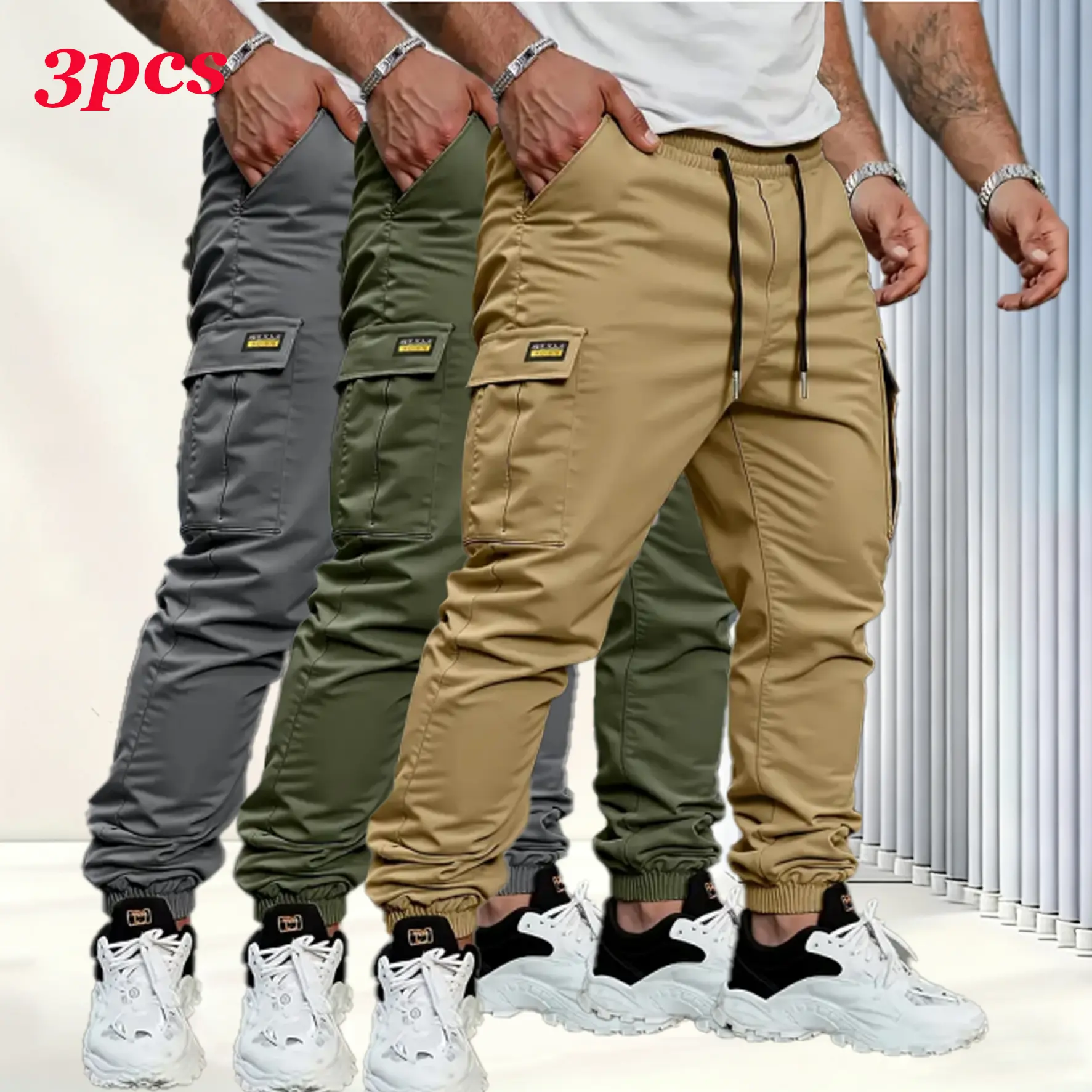 Men's solid color tactical work pants with multiple pockets and drawstring design