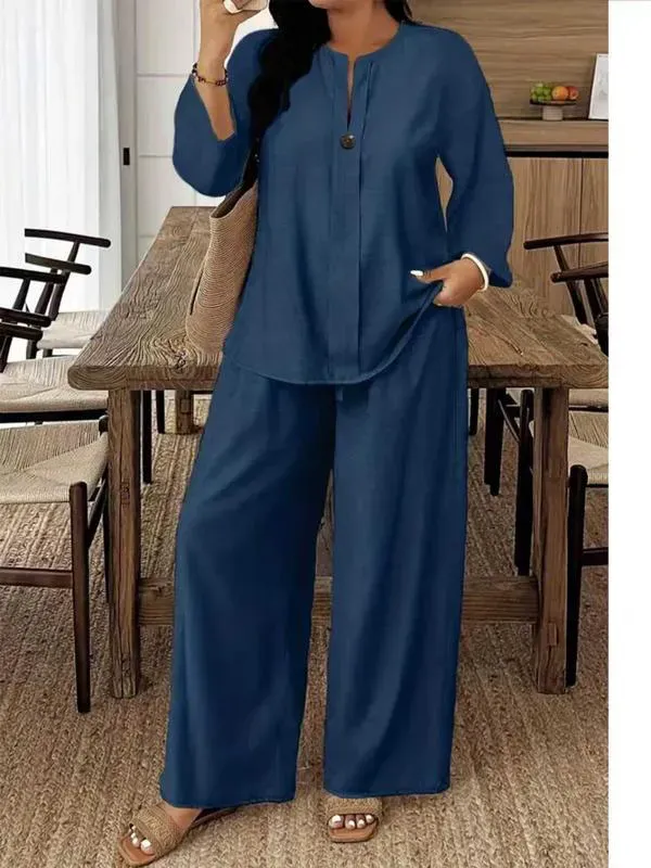 🔥Women's Casual Breathable Long Sleeve Shirt and Loose Pants Two-Piece Set