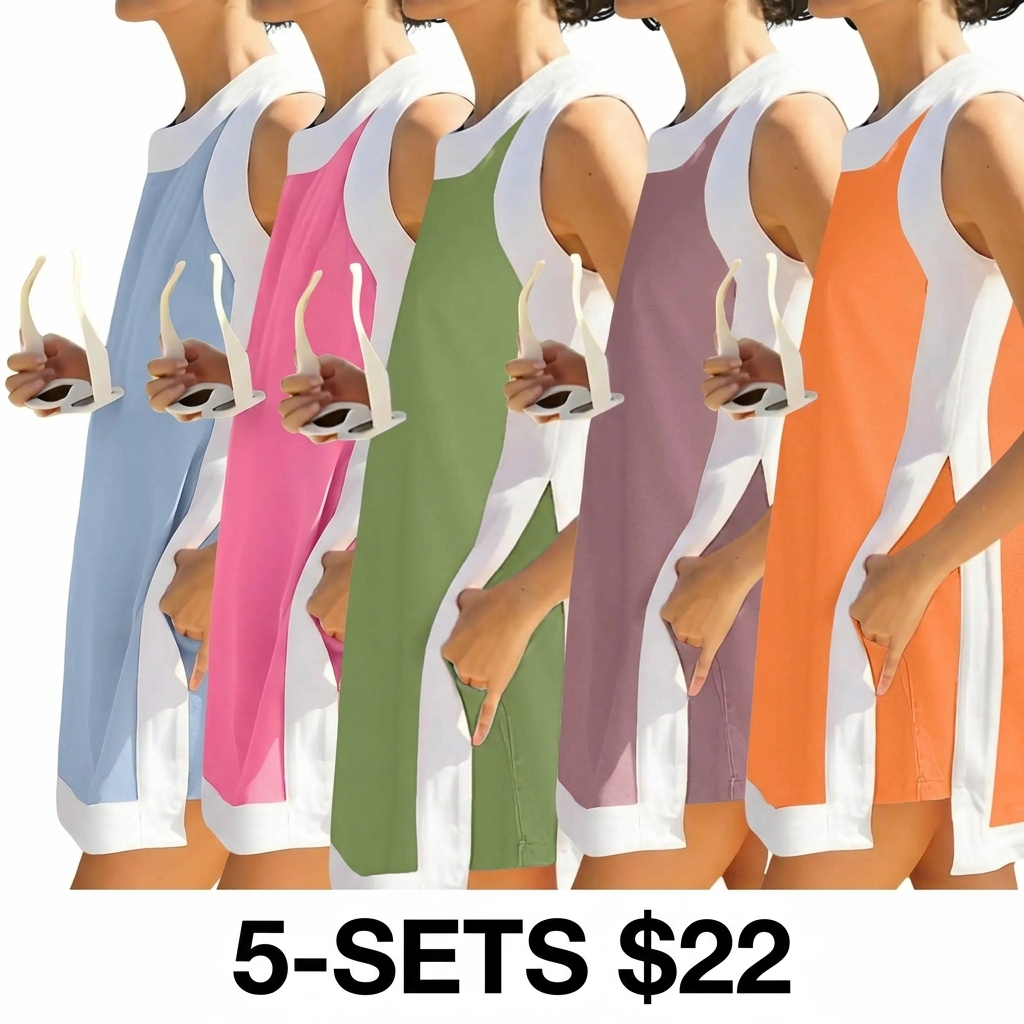 Women's Color Block 2-Piece Set – Crewneck Sleeveless Top & Matching Shorts with Pockets