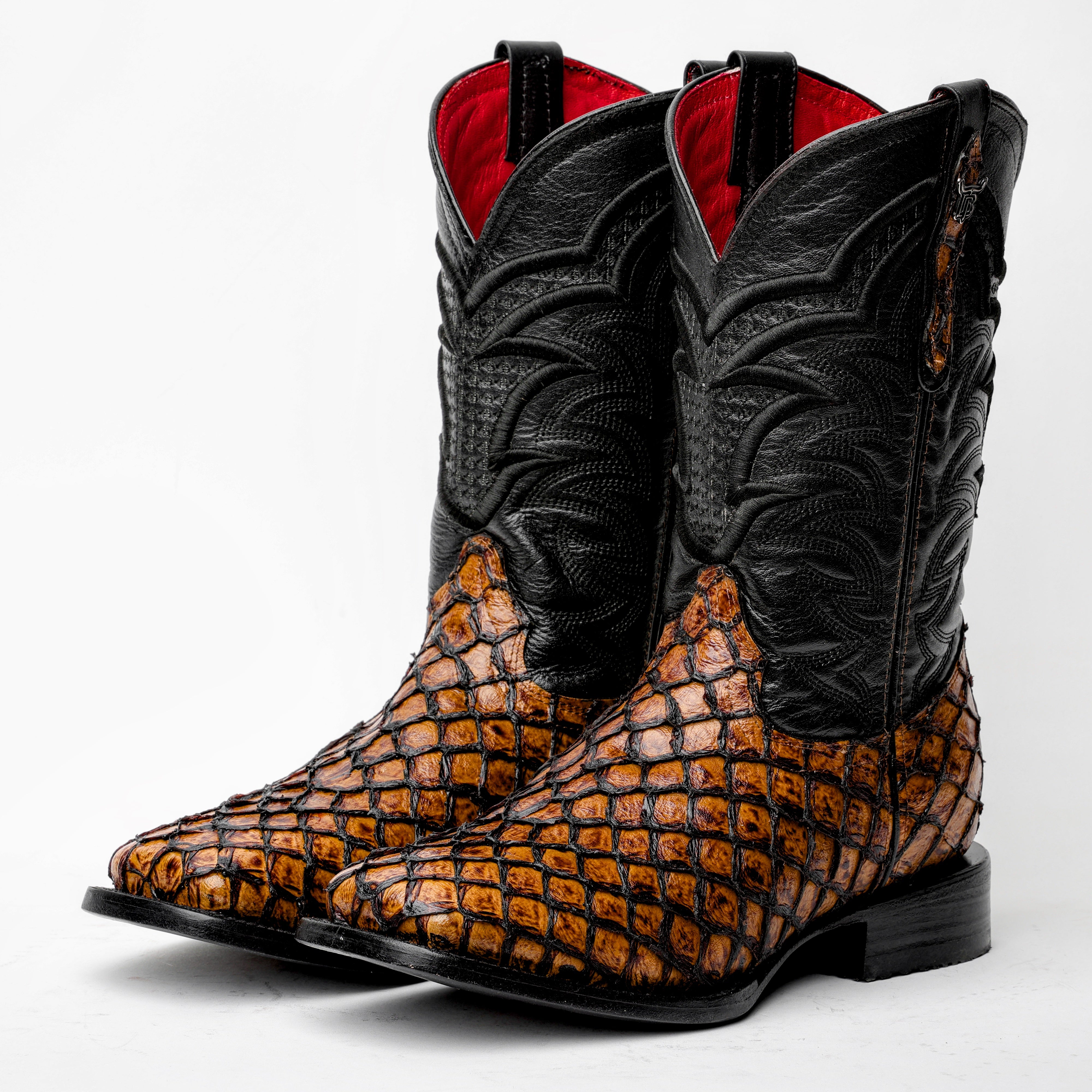 Honey Cognac Mini Pirarucu Leather Boots - Square Toe