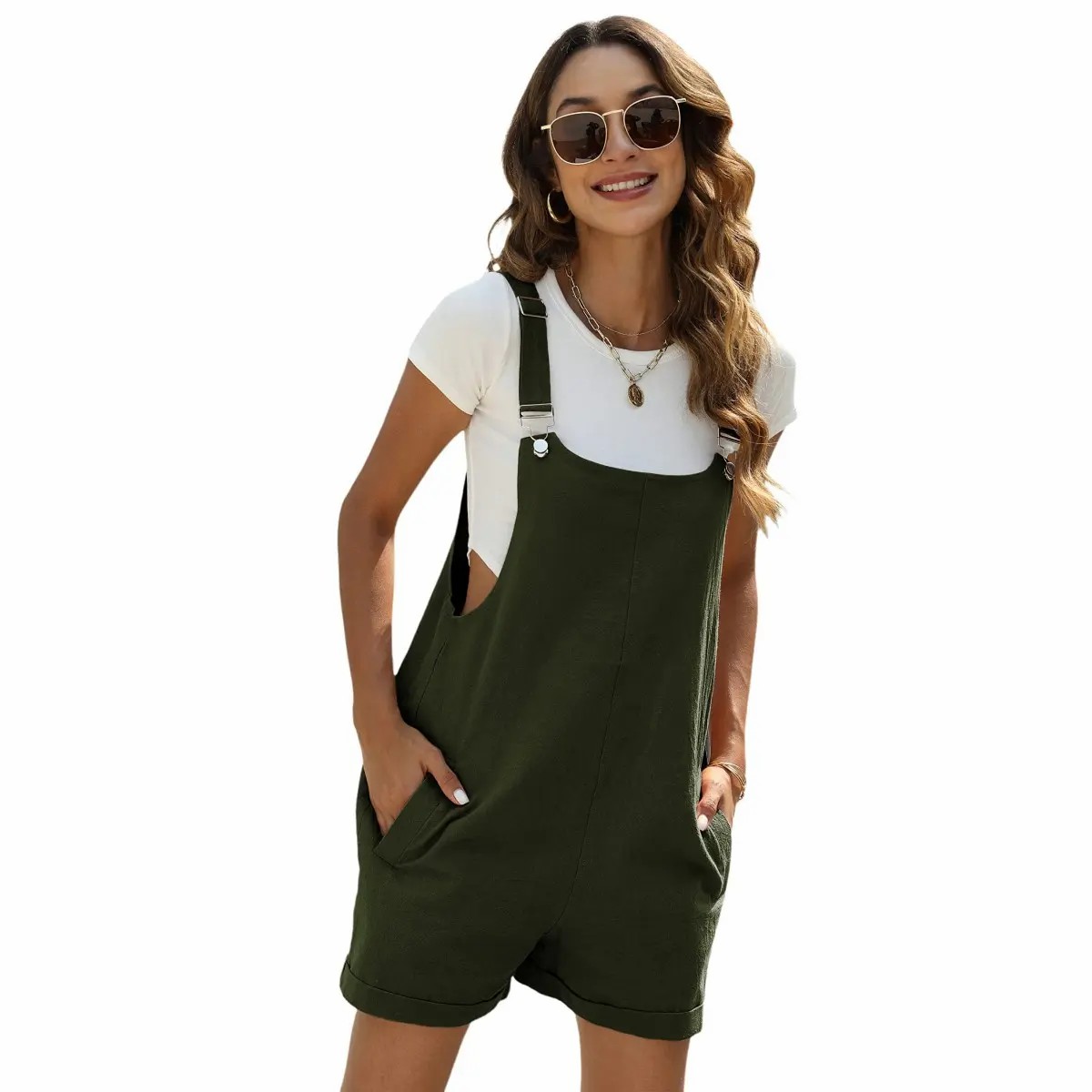 Women's Sleeveless Bib Shortalls – Cotton Linen Pinafore Overalls with Pockets & Adjustable Straps