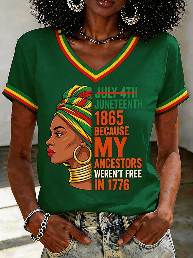 July 4th, 1865, Juneteenth, Because My Ancestors Were Not Freed In 1776. Women'S Black Juneteenth Print T-Shirt.
