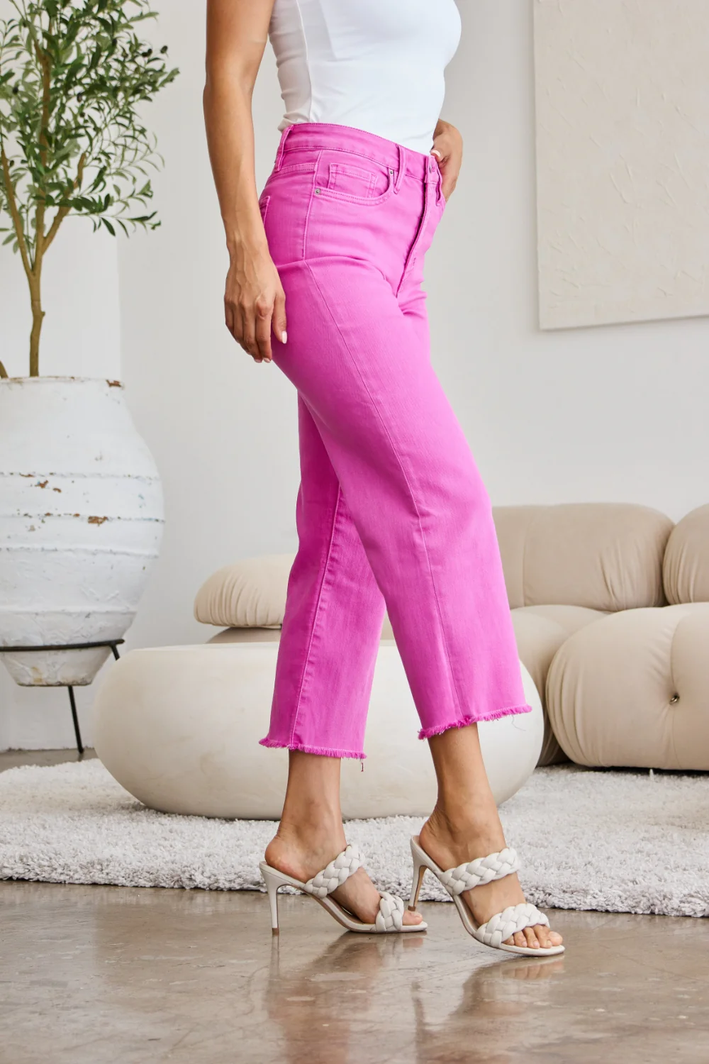 Crop Chloe Full Size Tummy Control High Waist Raw Hem Jeans