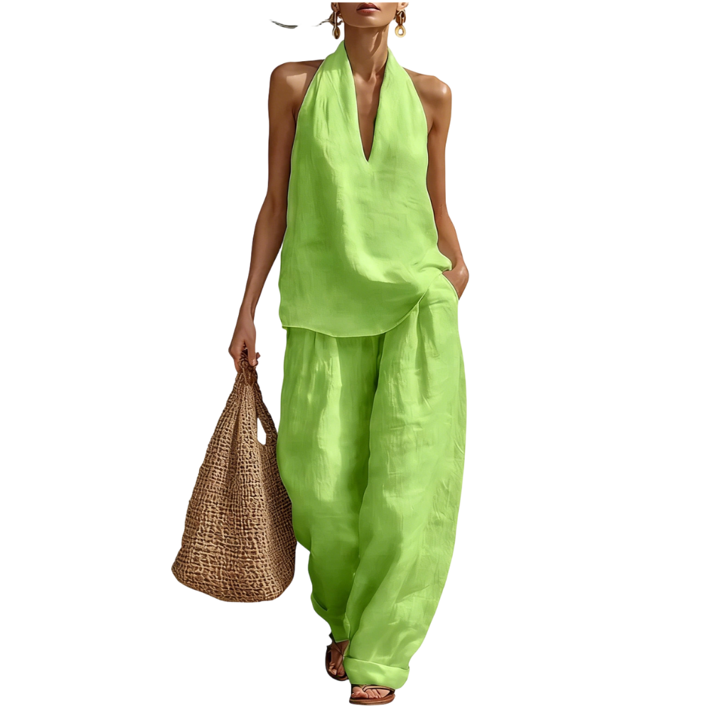 Women's Halter Neck Linen Two Piece Outfit – Casual Sleeveless Top and Wide Leg Pants Set