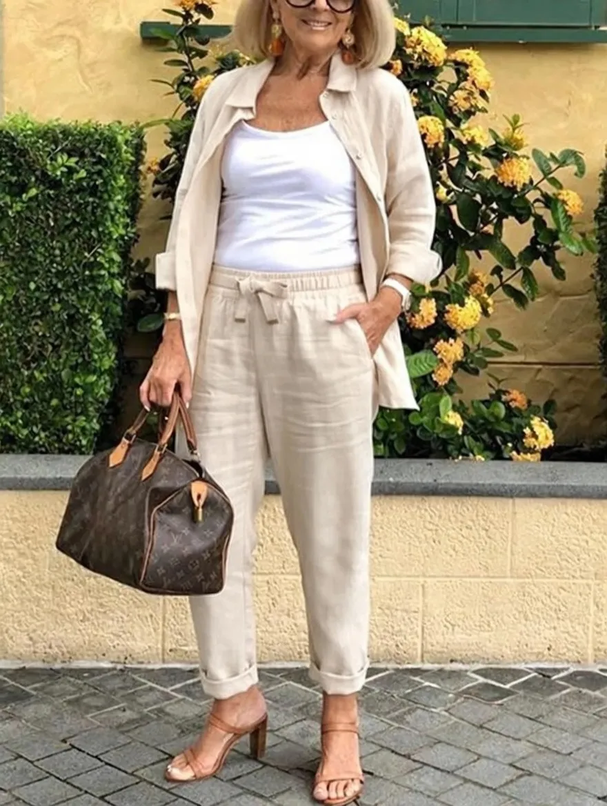 Solid Cotton Linen Women Suits  Casual