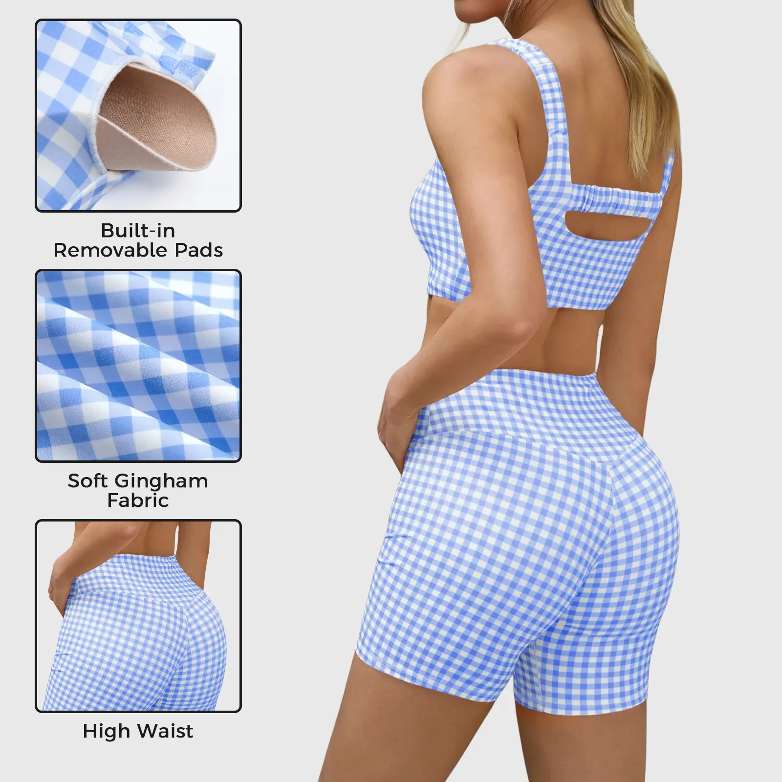 Women's 2-Piece Athleisure Set – Padded Open Back Gingham Crop Tank & High Waisted Seamless Shorts