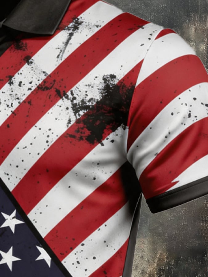Men's Retro Patriotic Color-Block Short-Sleeve Polo Shirt