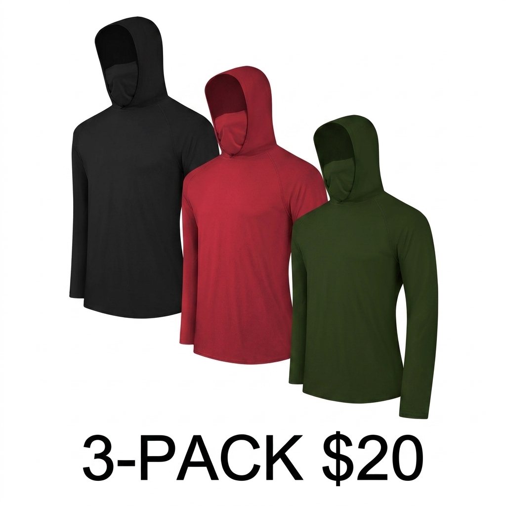 Men's 6-Pack Lightweight Hoodies – UPF Sun Protection, Quick Dry, Breathable, with Face Mask