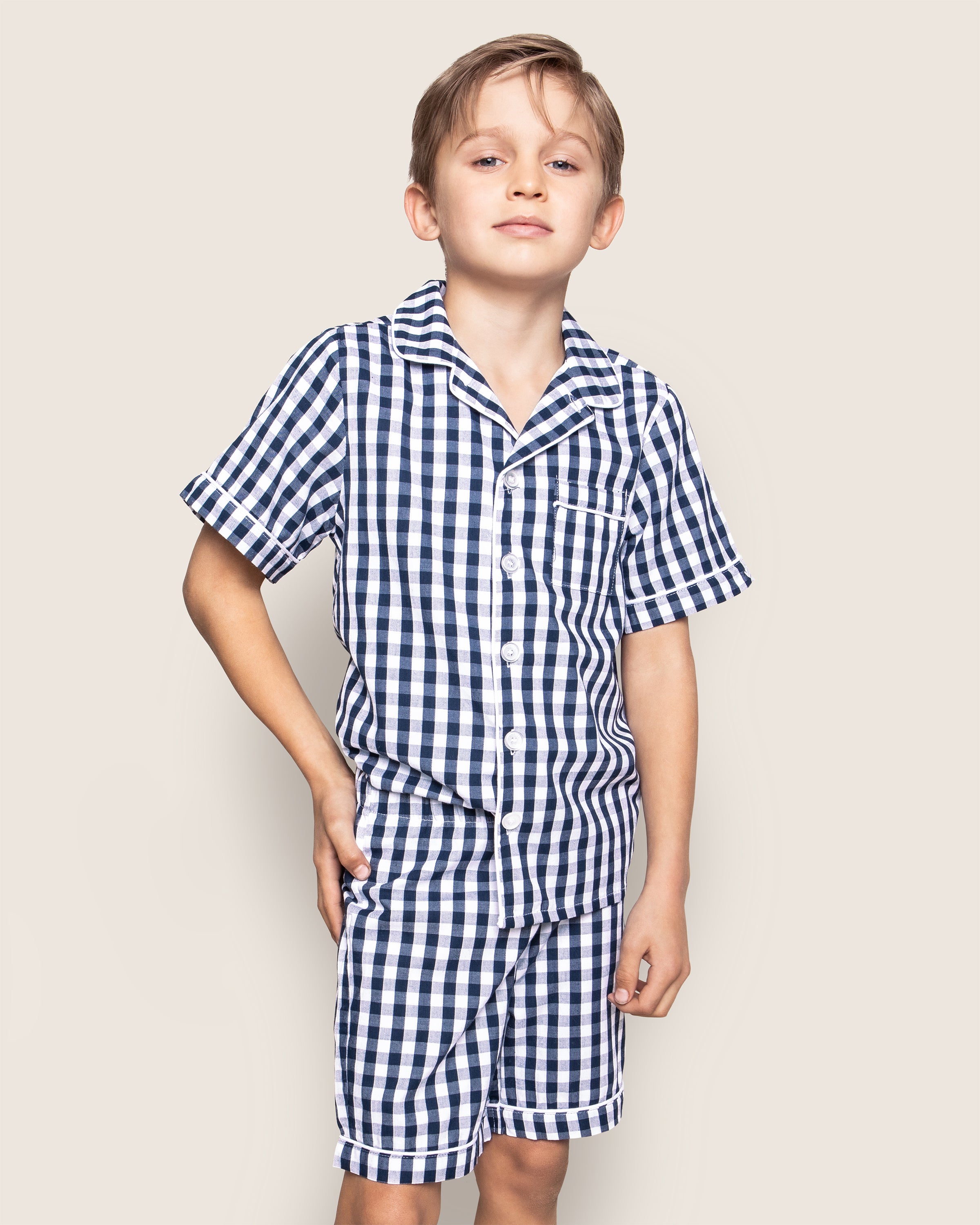 Kid's Twill Short Set in Navy Gingham