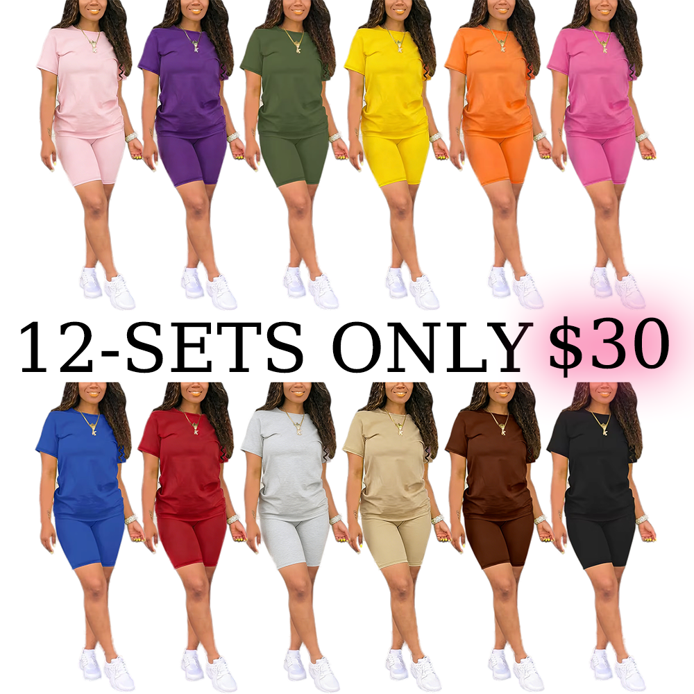 Two-Piece Set Fitted Plain Round Neck Tee & Skinny Shorts Set
