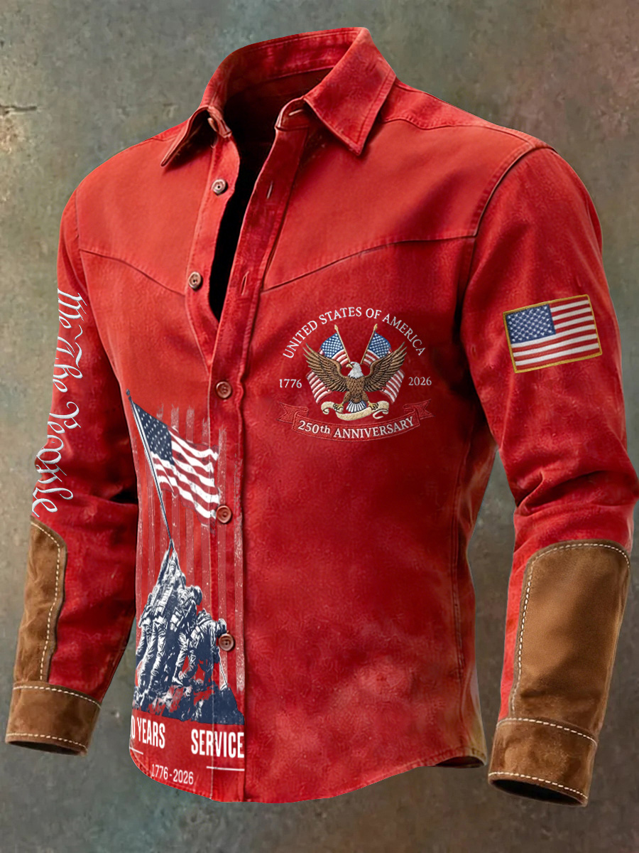 Men's Retro 250Th Anniversary Celebration Printed Patchwork Long Sleeved Button Up Shirt