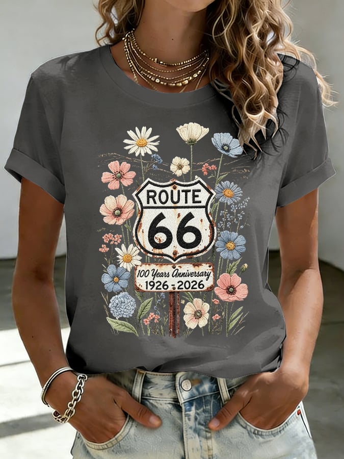 Women's Route 66 Centennial Floral Print Casual T-shirt