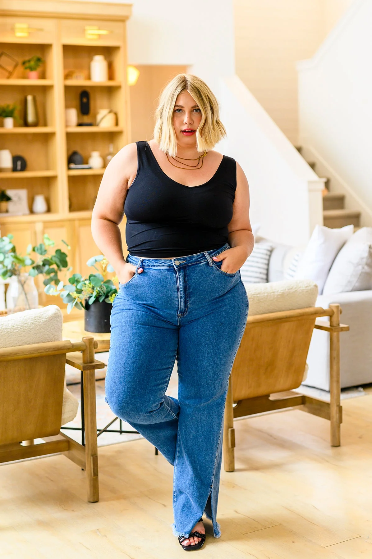 High Rise Split Hem Straight Jeans