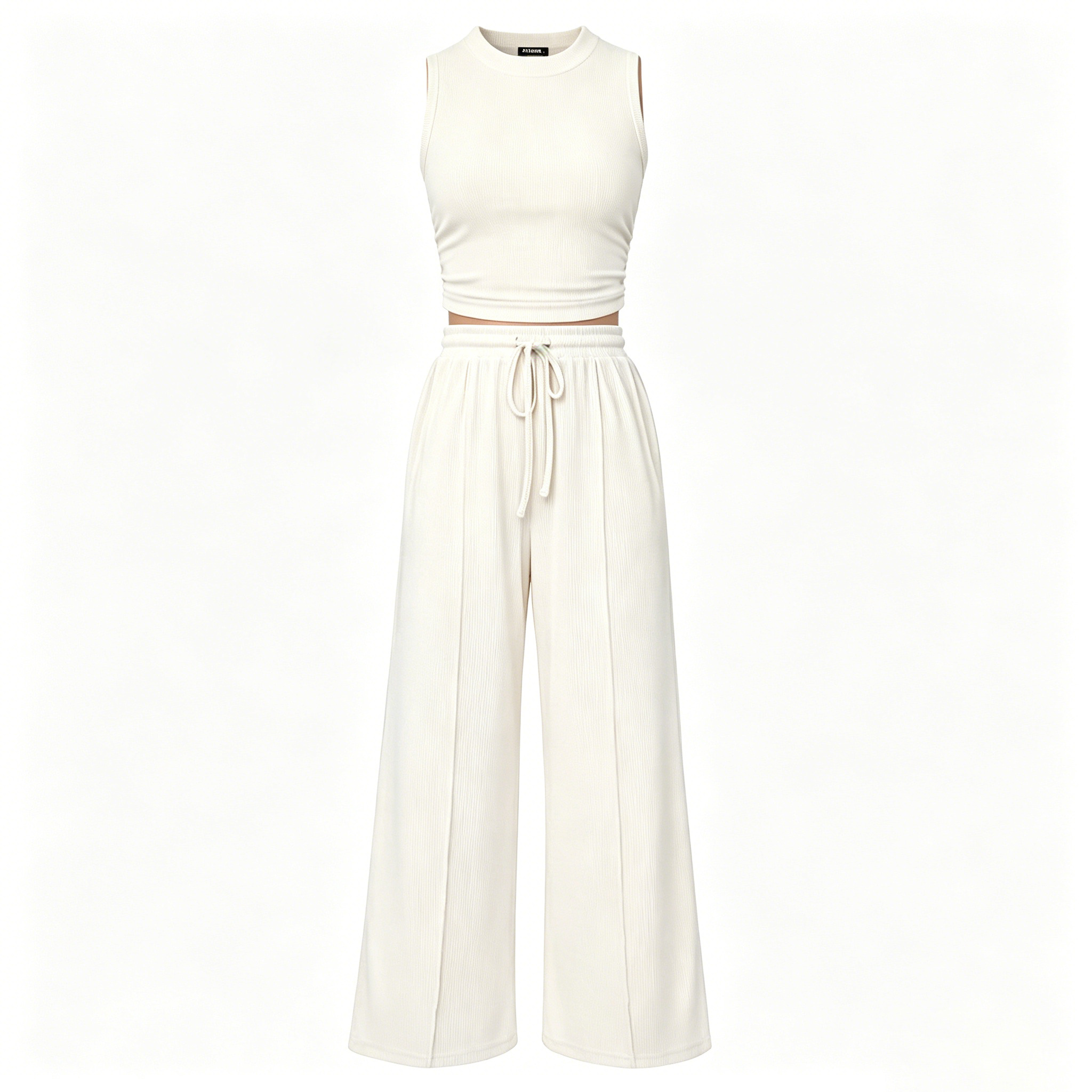 Women's Summer 2-Piece Outfits - Ribbed Knit Crew Neck Sleeveless Cropped Top & Wide Leg Pants Lounge Set
