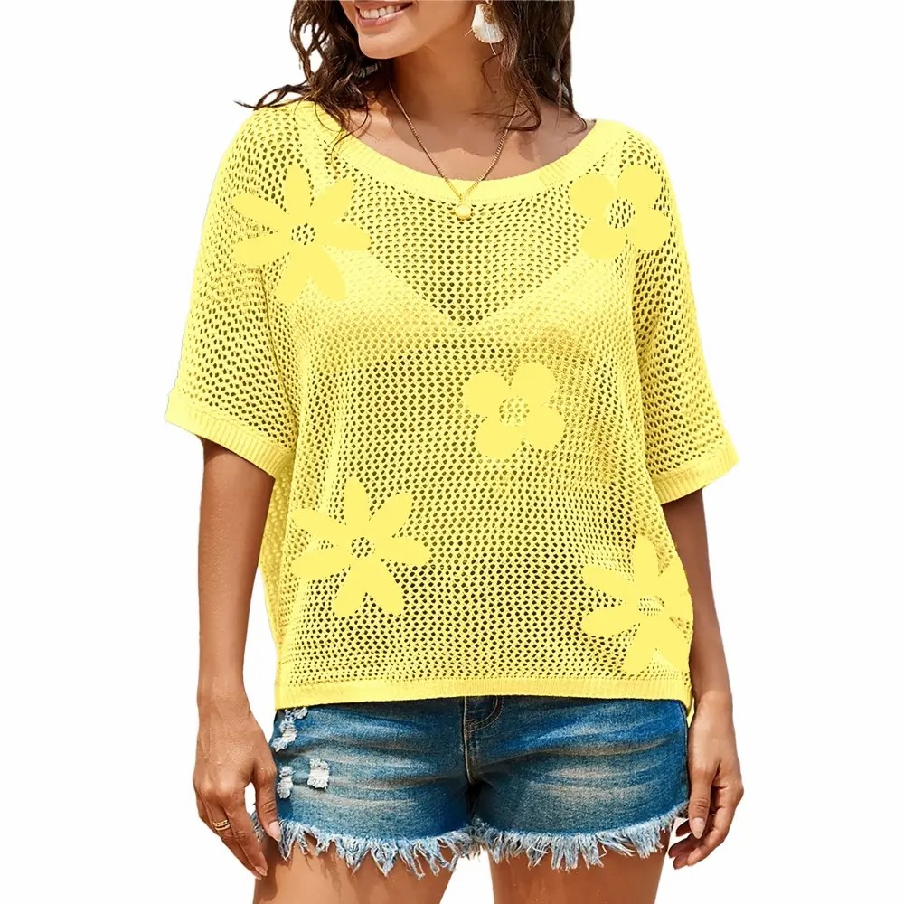 Women's Floral Crochet Sweater – Short Sleeve Lightweight Knit Beach Cover Up