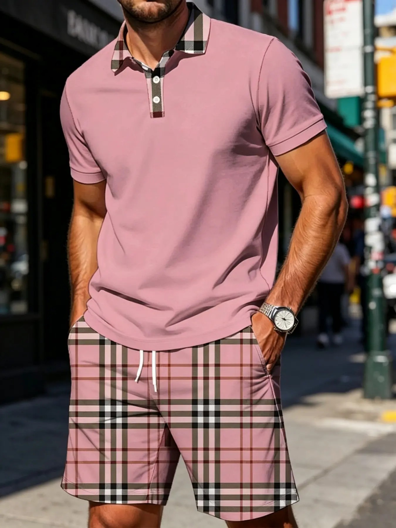 Men's Plaid Patchwork 2-Piece Summer Set – Polo Shirt & Matching Shorts, Casual Drawstring Waist with Pockets