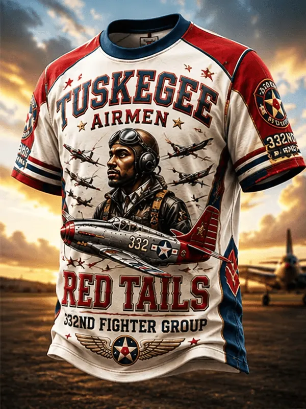 Men's Retro Red Tails Tuskegee AirmenAircraft Print Polo Shirt