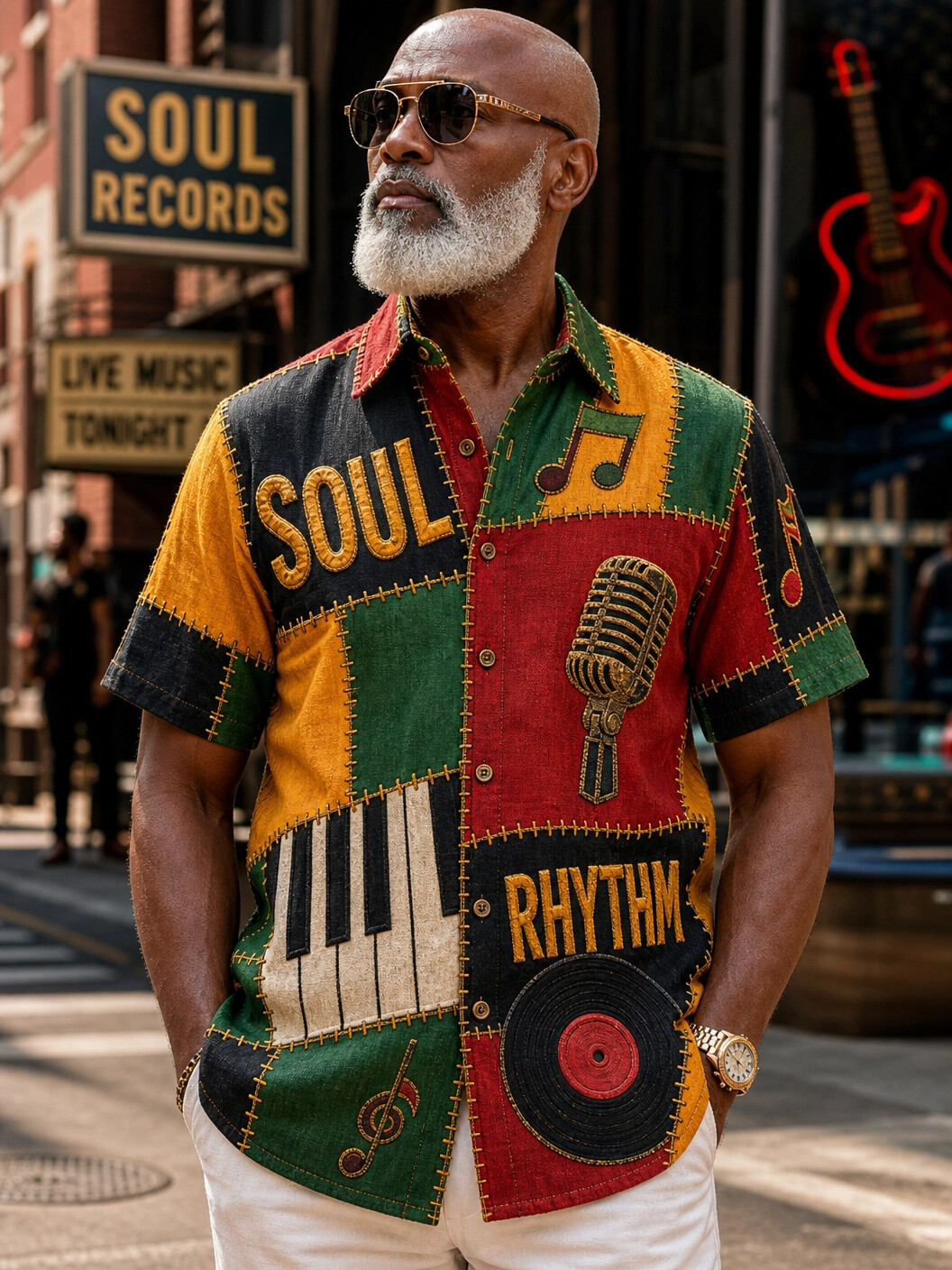 Men's Soul And Rhythm Music Patchwork Art Print Casual Shirt