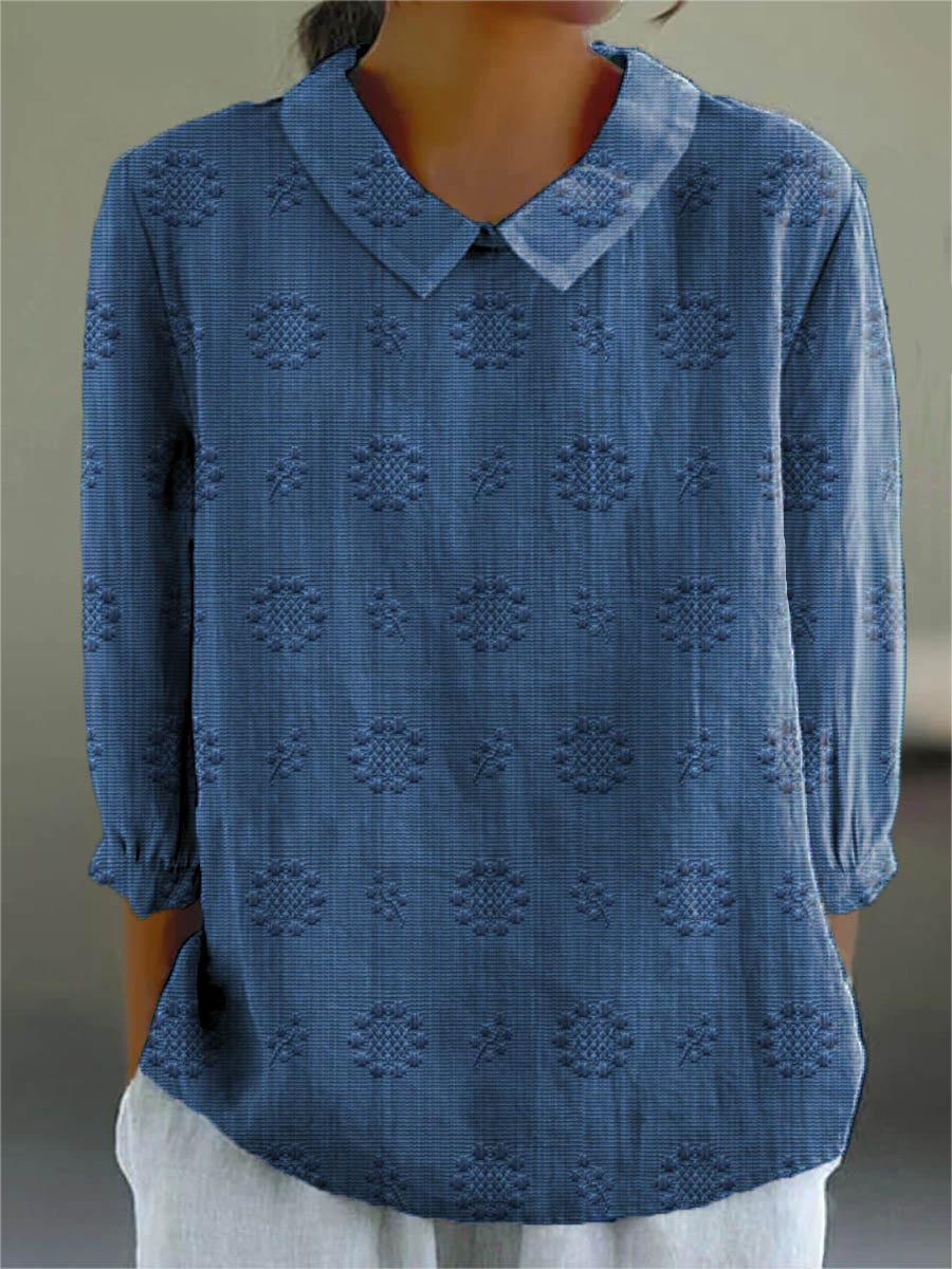 Women's Vintage Floral Art Print Casual Cotton And Linen 3/4 Sleeve Shirt