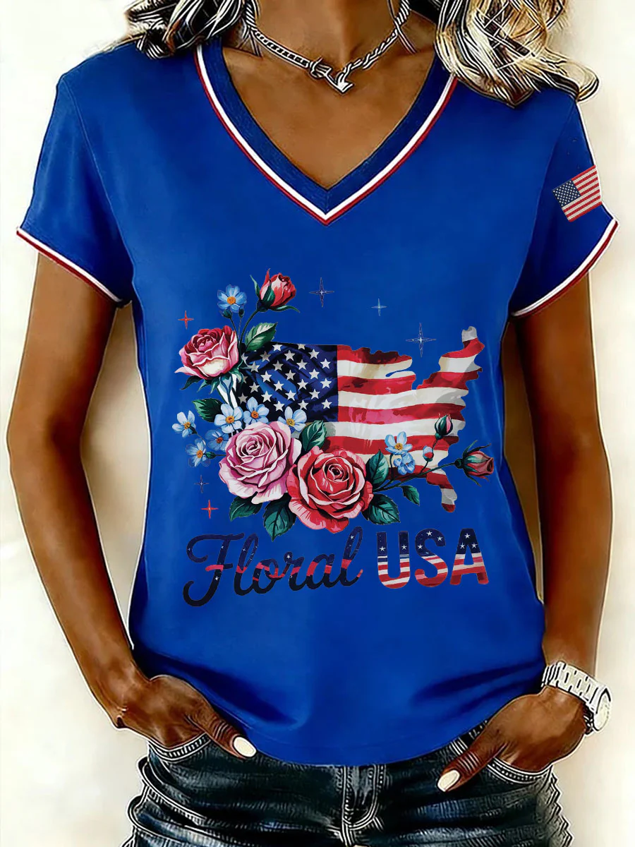Floral USA Flower Flag Map T-Shirt