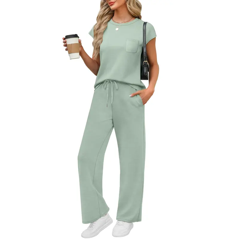 Women's 2 Piece Sets – Casual Summer Travel Vacation Outfits Cap Sleeve Lounge Set Chic Crewneck Soft Silky Breathable Clothes