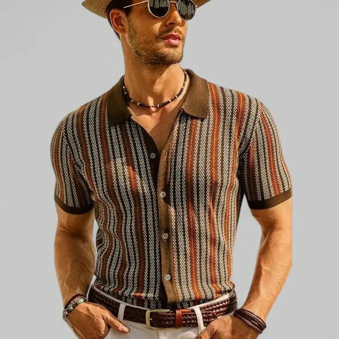 Mens Knit Polo Shirts Vintage Casual Short Sleeve Shirt Golf Button Down Pinstripe Old Money Top