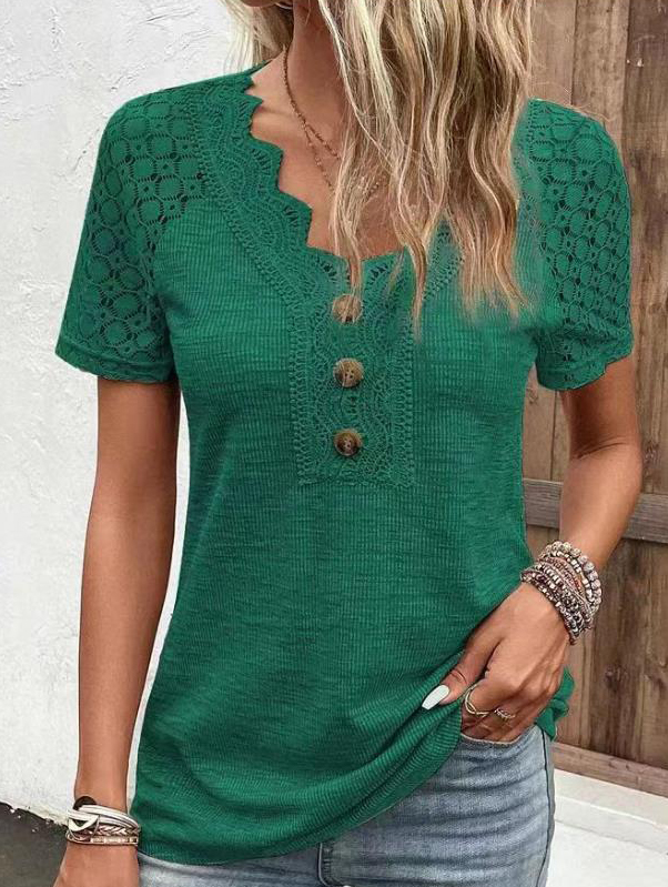Lace Trim V Neck Loose Button Top