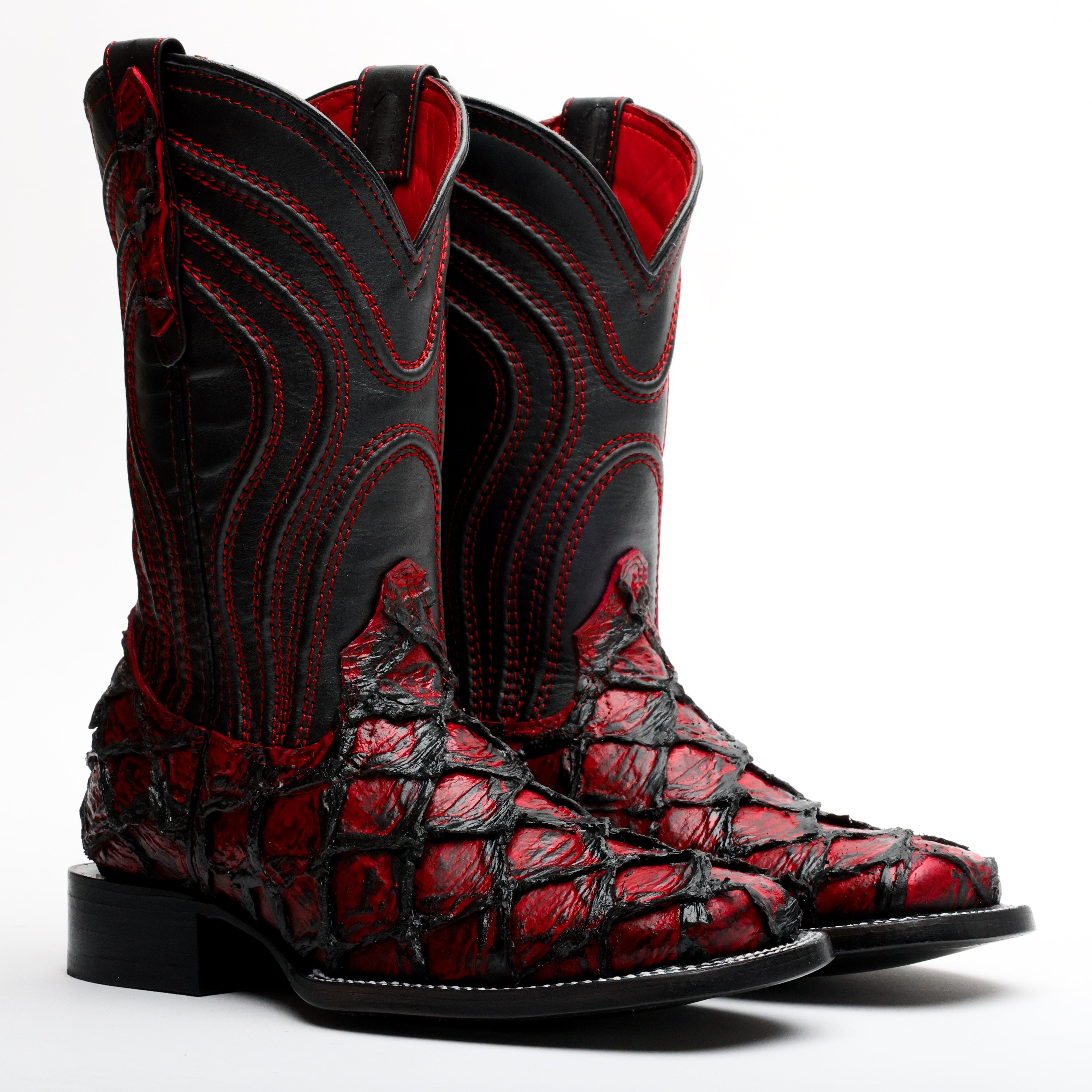 Black Cherry Jumbo Pirarucu Leather Boots - Square Toe