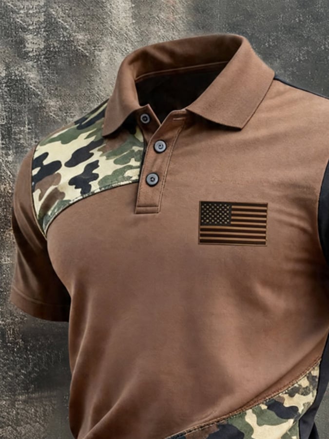 Men's Retro Patriotic Color-Block Short-Sleeve Polo Shirt
