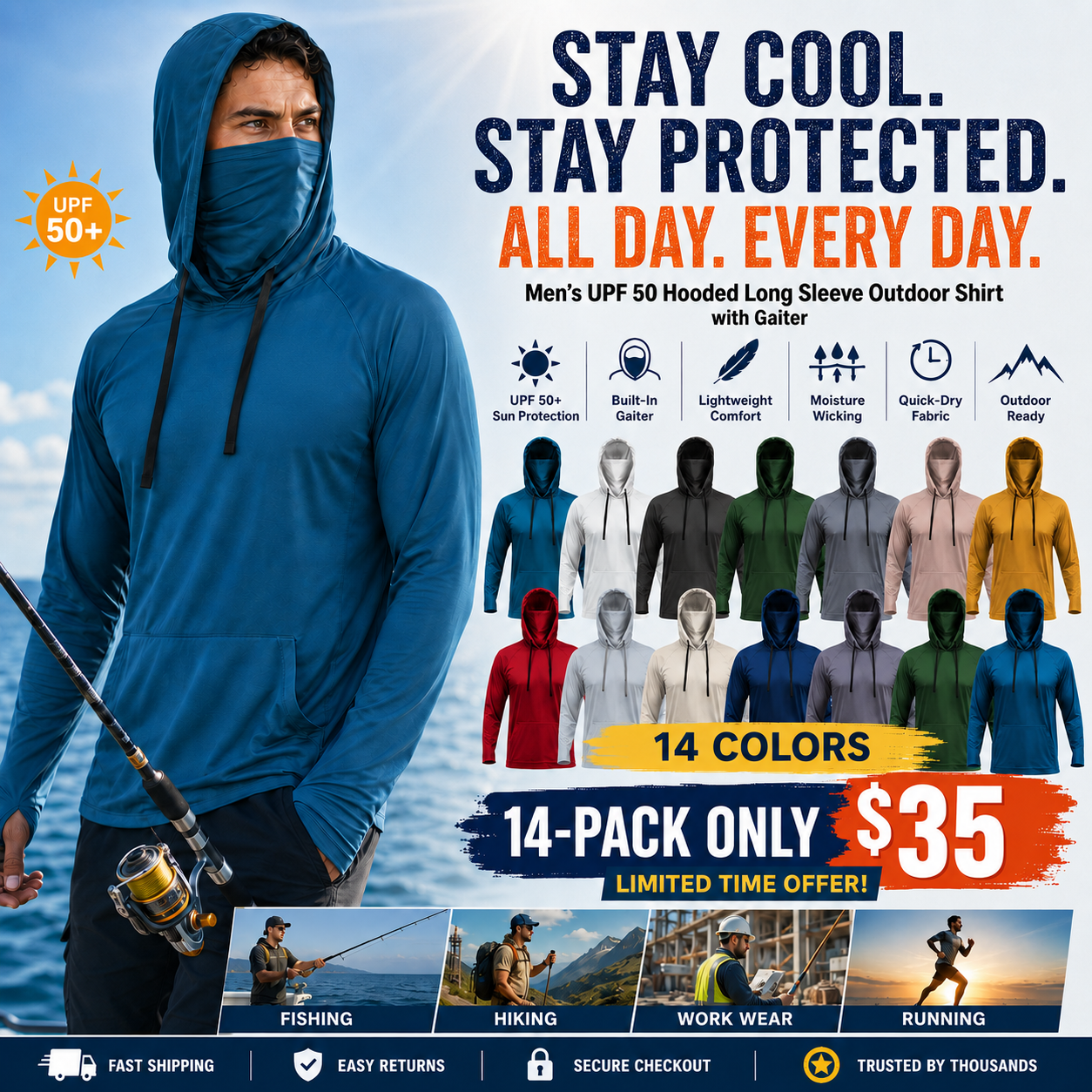 🔥Men's UPF 50 Hooded Long Sleeve Outdoor Shirt with Gaiter Lightweight Moisture Wicking Fishing & Construction Work Wear
