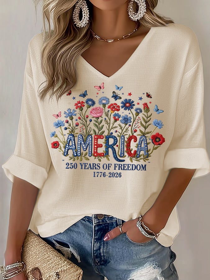 Women's casual retro 250th anniversary waffle-knit long-sleeved T-shirt