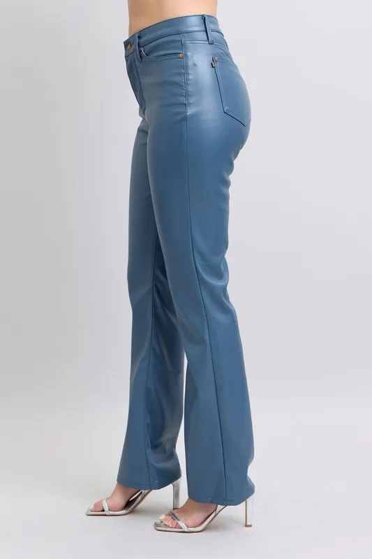 Blue Full Size High Waist Tummy Control Faux Leather Bootcut Pants Plus Size