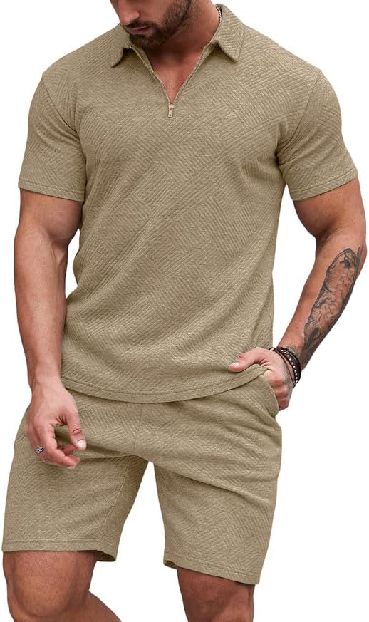 Men's Polo Shirt and Shorts Set Soild Color Geometric Texture Casual Short Sleeve 2 Piece Outfits Sweatsuits Summer