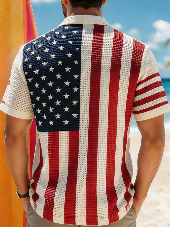 Men's 1776 Land of The Free American Flag Waffle Knit Beach Shirt